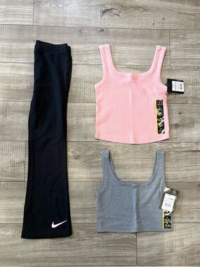 Girls 3-Piece Set - Pink Tank, Gray Crop & Black  Nike Leggings